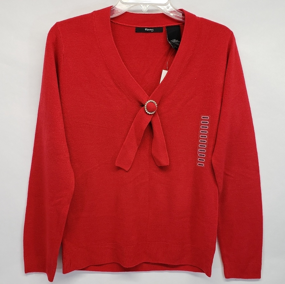 Raisey Tie Neck Sweater with Rhinestones Ring